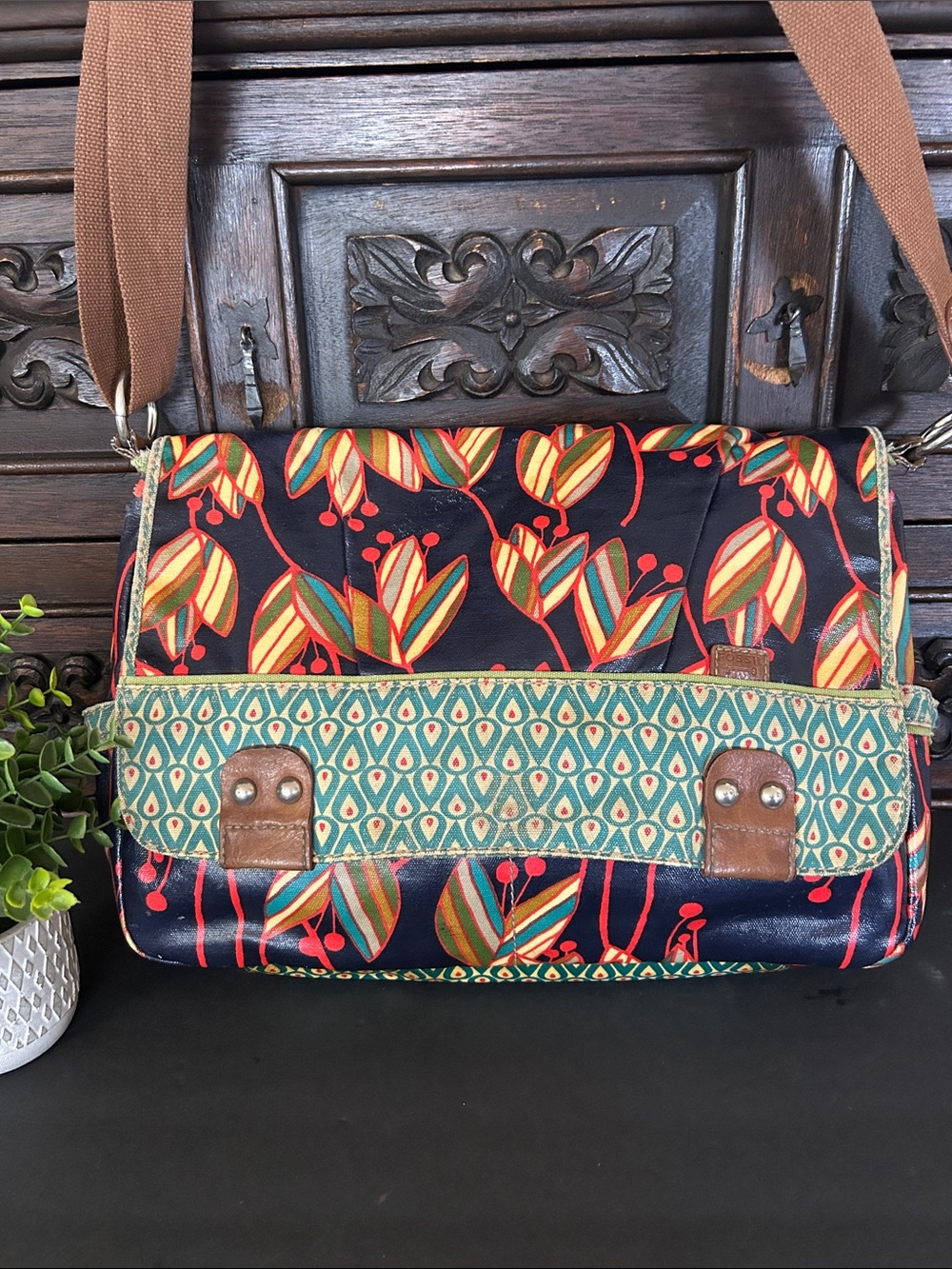Fossil Navy Floral Crossbody with Multicolor Leaves